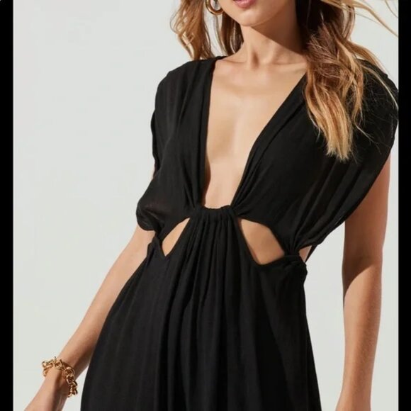 Women ASTR The Label Octavia Black Deep Plunge Cut-Out Long Gauzy Maxi Dress S​ - Picture 2 of 16